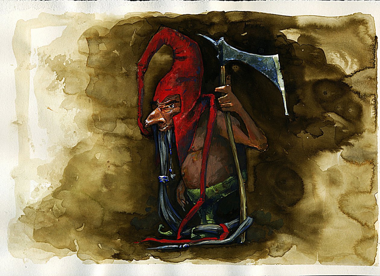 Representação de um Red Cap (boné vermelho, pó ou dunter, Red-Bonnet) criatura malévola lendária da família Goblin do folclore britânico - (redcap, anão assassino malévolo, duende, duende ou fada encontrada no Folclore de Fronteira) Ilustração de Alessandr de Alessandro Lonati