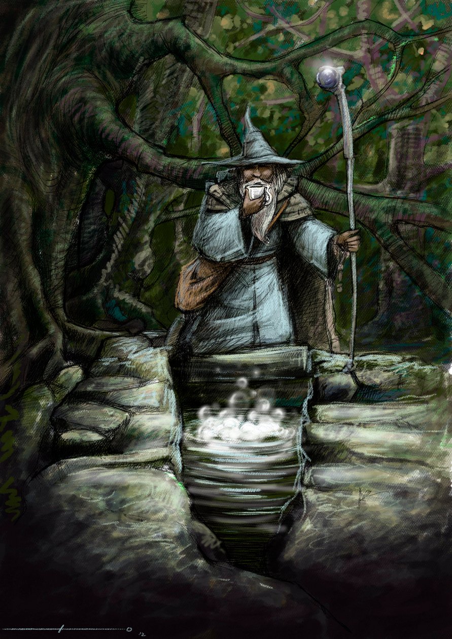Representação de um druida a beber na maravilhosa fonte do Barenton, na floresta de Broceliande - Ilustração de Alessandro Lonati - 2012 - de Alessandro Lonati