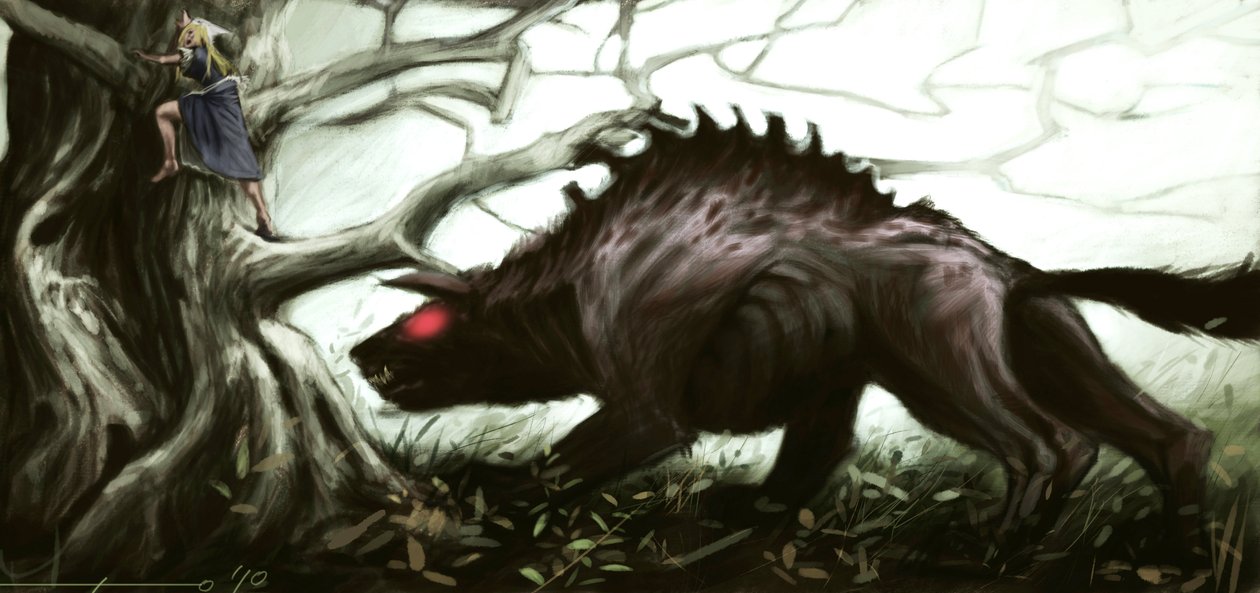 Representação do lendário bete de Gevaudan atacando uma menina empoleirada numa árvore. Ilustração de Alessandro Lonati, 2010. de Alessandro Lonati