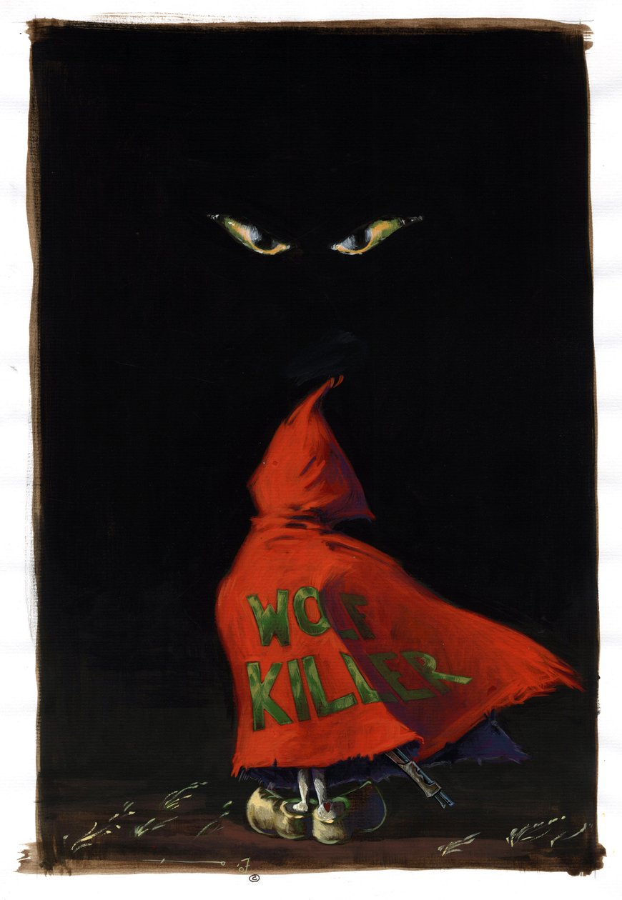 Revisited Little Red Riding Hood de Charles Perrault (1628-1703): o Capuchinho Vermelho enfrenta os olhos do lobo no escuro com uma caçadeira escondida debaixo do seu casaco vermelho "Wolf Killer". Desenho de Alessandro Lonati de Alessandro Lonati