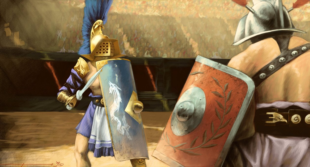 Arte romana: duelo de gladiadores entre um gladiador mirmillo (esquerda) e uma trácia num anfiteatro. Desenho de Alessandro Lonati de Alessandro Lonati