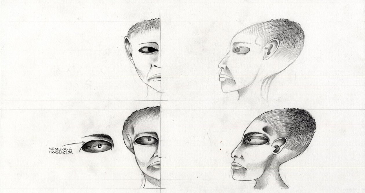 Ilustração de ficção científica (ficção científica): estudo da face de um alienígena ou extraterrestre (alienígena ou extraterrestre) do planeta Marte para a conquista do espaço ou universo. Desenho de Alessandro Lonati de Alessandro Lonati