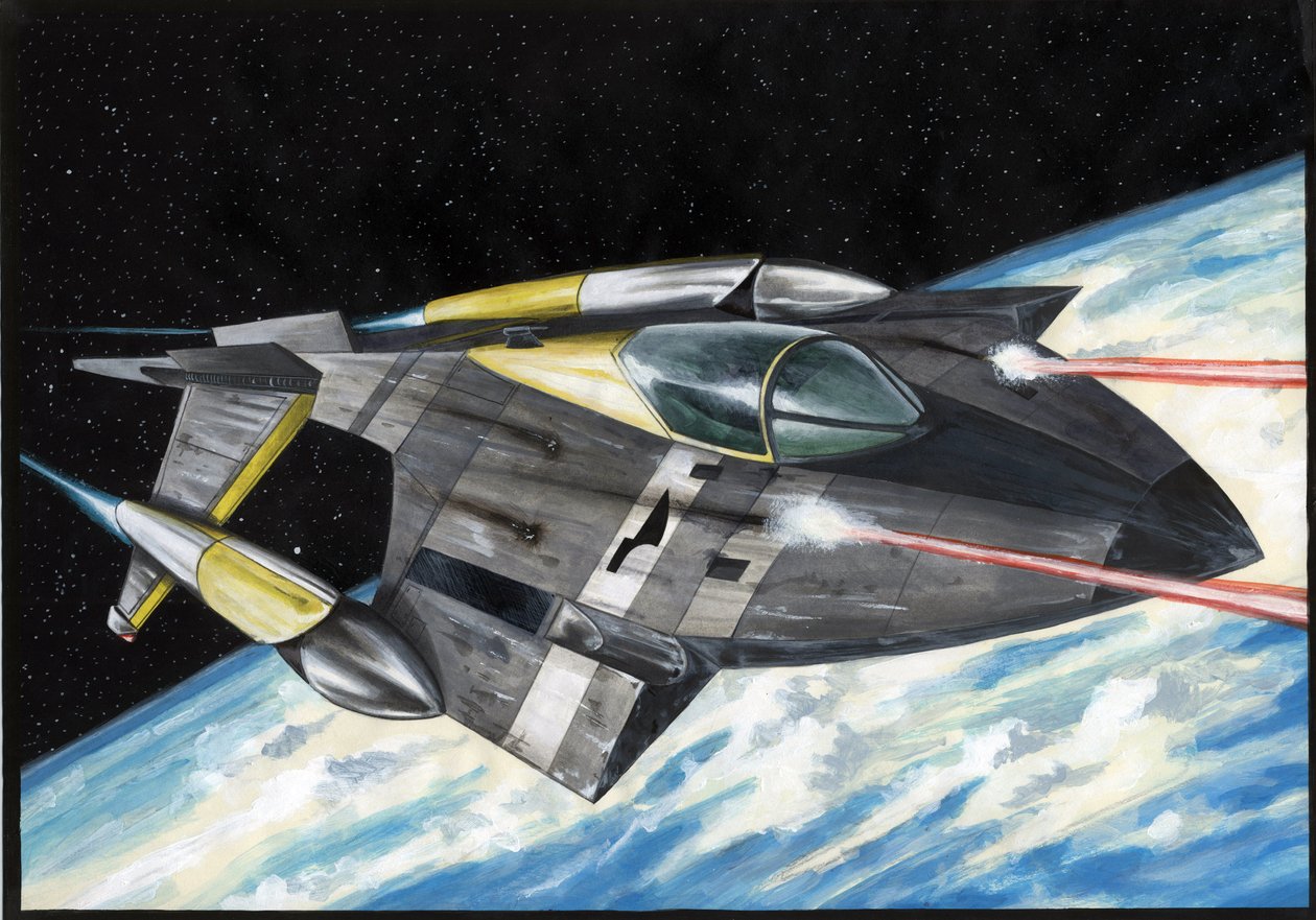 Ilustração de ficção científica: Nave espacial com a conquista do espaço ou universo atrai os raios laser sobre o planeta Terra. Desenho de Alessandro Lonati de Alessandro Lonati