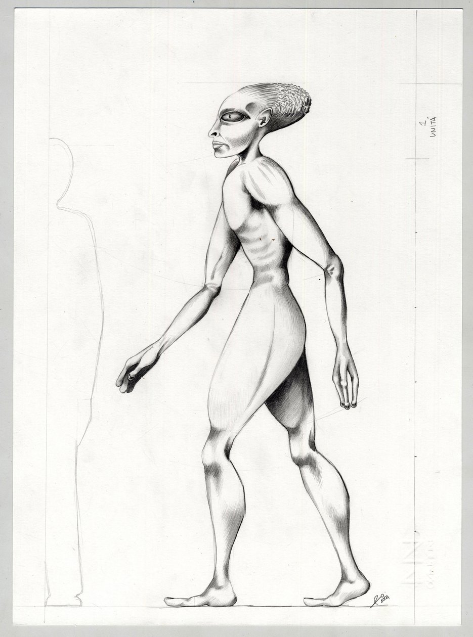 Ilustração de ficção científica: um extraterrestre ou extraterrestre (alienígena ou extraterrestre) do planeta Marte para a conquista do espaço ou universo. Desenho de Alessandro Lonati de Alessandro Lonati