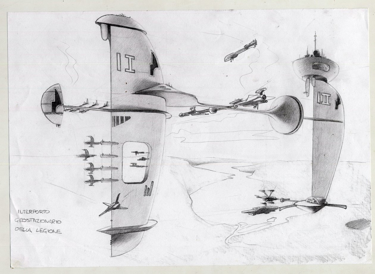 Ilustração de ficção científica: base espacial no universo com naves. Desenho de Alessandro Lonati de Alessandro Lonati