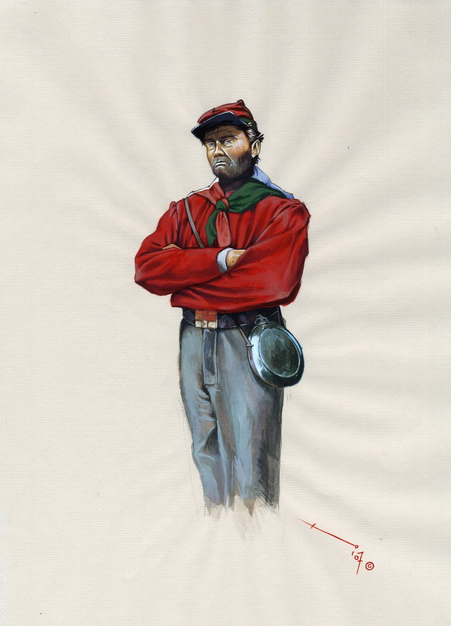 Segundo Império (1852-1870): Unificação italiana (Risorgimento), oficial voluntário do exército Garibaldi conhecido como combatente da "camisa vermelha" pela causa de Giuseppe Garibaldi (1807-1882) em Itália de Alessandro Lonati