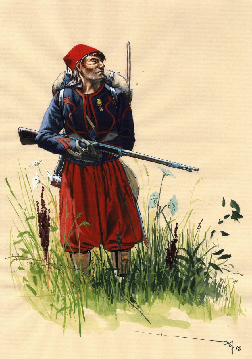 Segundo Império (1852-1870): Soldado Zouave do exército francês de Napoleão III durante a campanha italiana em 1859 (Batalha de Solferino em 24 de Junho de 1859 ou Batalha de Magenta em 4 de Junho de 1859). Desenho de Alessandro Lonati de Alessandro Lonati