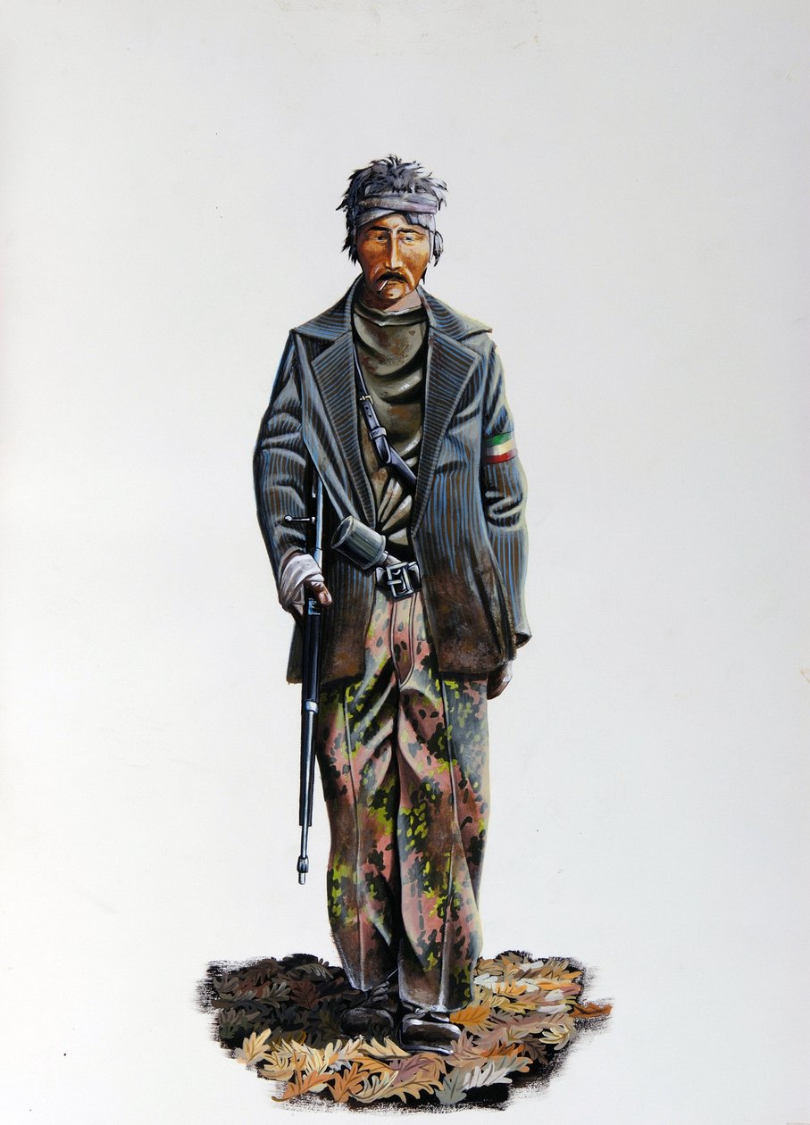 Segunda Guerra Mundial: um membro da Resistência Italiana (maquis ou guerrilheiros, partidários) (Resistenza Italiana), vestindo um fato de camuflagem e arma com uma metralhadora. 1943-1945. Ilustração de Alessandro Lonati de Alessandro Lonati