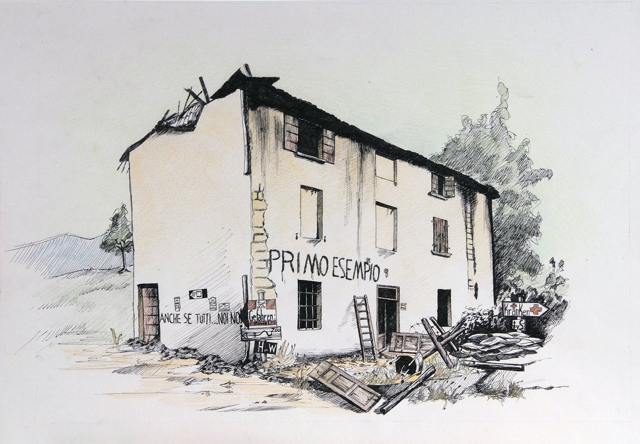 Segunda Guerra Mundial: vista de uma casa em ruínas na Itália ocupada. Desenho de Alessandro Lonati de Alessandro Lonati