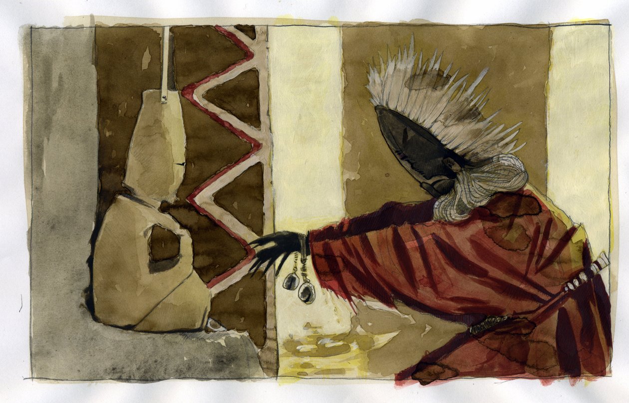 Xamanismo: cerimónia espiritual centrada na mediação entre os seres humanos e os espíritos da natureza - Ilustração xamã de Alessandro Lonati de Alessandro Lonati