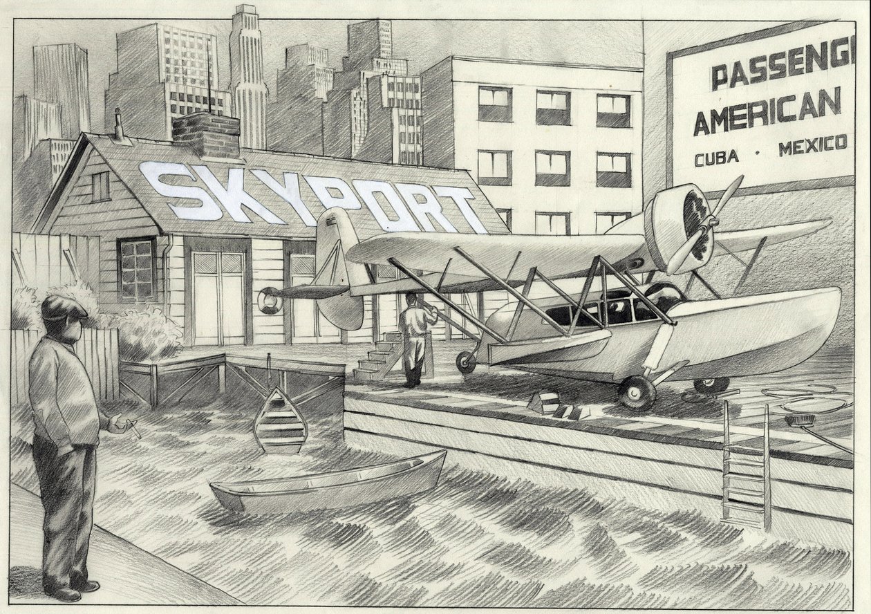 EUA, Nova Iorque: vista do aeroporto marítimo com um hidroavião à espera de descolagem na década de 1950. Desenho de Alessandro Lonati de Alessandro Lonati