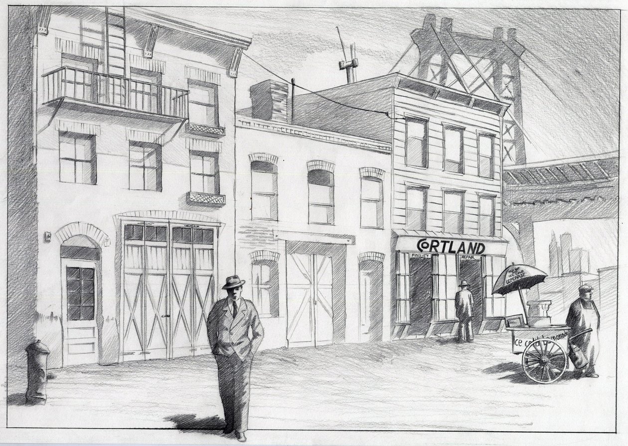Estados Unidos, Nova Iorque: vista de uma rua de um bairro da cidade na década de 1950. Desenho de Alessandro Lonati de Alessandro Lonati