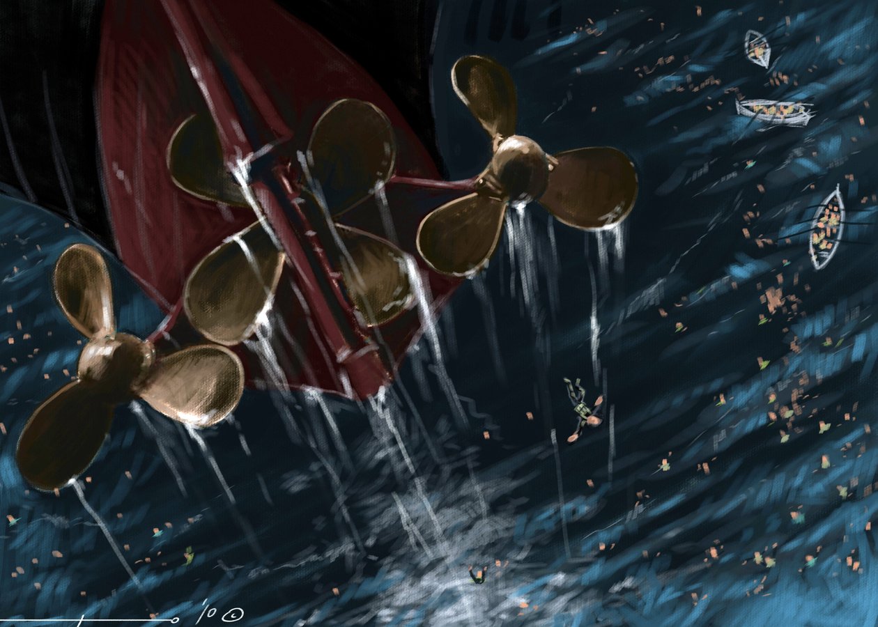Vista dos helices do transatlântico Titanic na altura do naufrágio a 14 e 15 de Abril de 1912. Ilustração de Alesandro Lonati. 2010 de Alessandro Lonati
