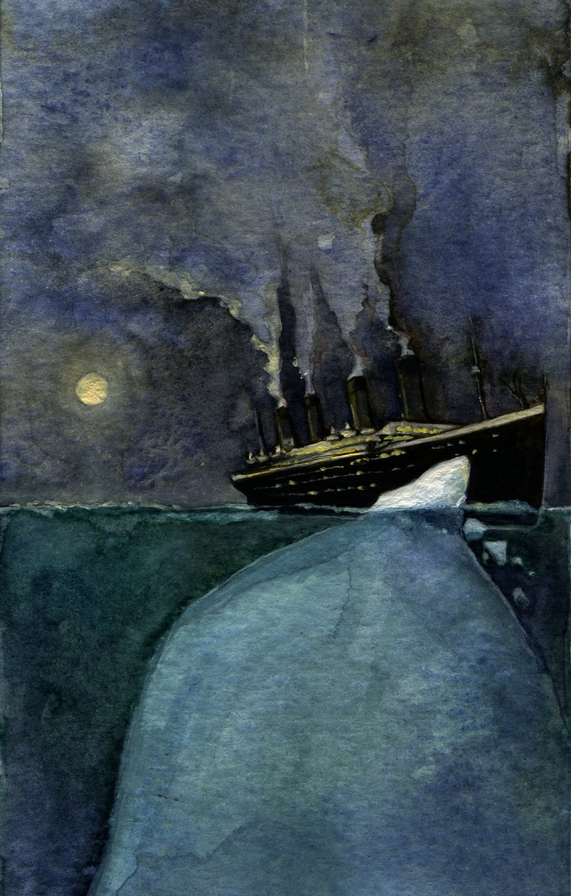 Vista do transatlântico Titanic na altura do afundamento a 14 e 15 de Abril de 1912, causado pela colisão com um iceberg. Ilustração de Alessandro Lonati. 2011 de Alessandro Lonati