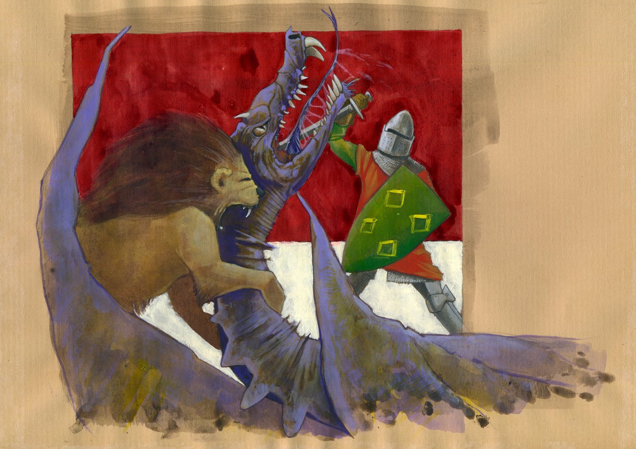 Yvain, o Cavaleiro do Leão lutando contra a Ilustração do Dragão por Alessandro Lonati de Alessandro Lonati