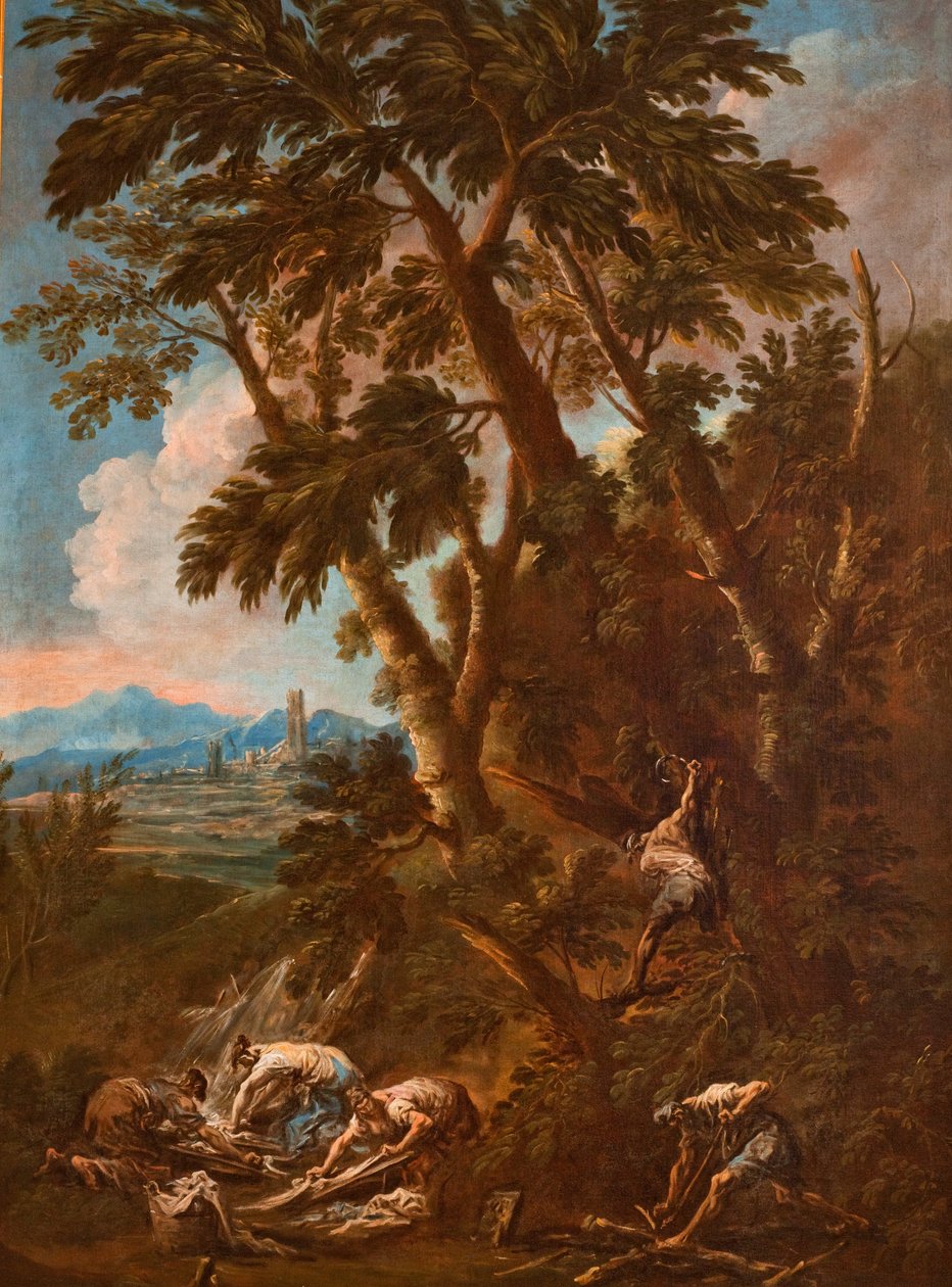 Paisagem com lavadeiras e lenhadores de Alessandro Magnasco
