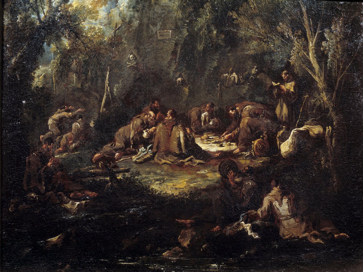 Cena da vida monástica Café da manhã dos monges, orando e lendo em um matagal. Quadro de Alessandro Magnasco de Alessandro Magnasco