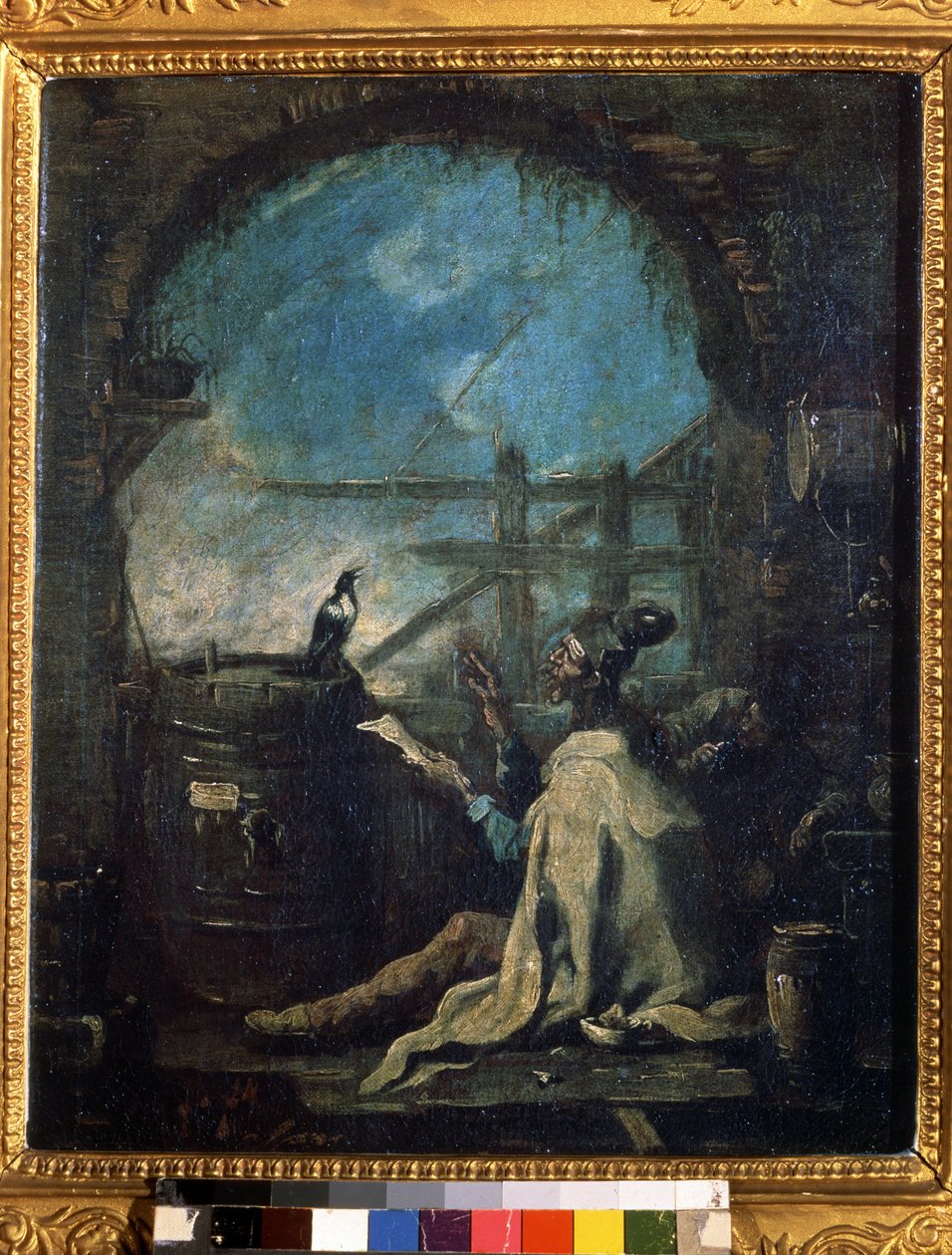 "Um palhaço a ensinar um pega Um homem de circo a ensinar números a um pega. Pintura de Alessandro Magnasco (1667-1749) Museu Pushkin do século XVIII, Moscovo de Alessandro Magnasco