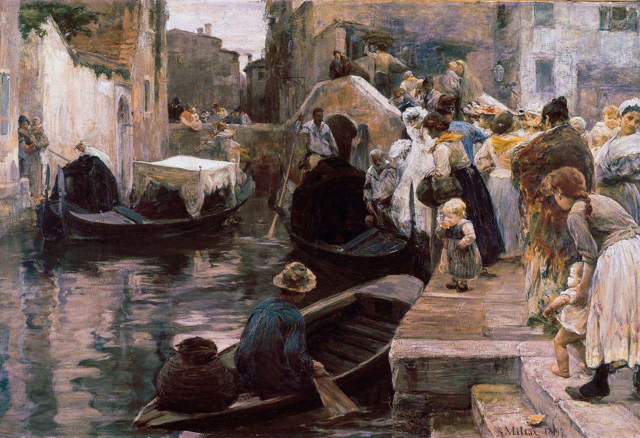 "Casamento em Veneza" Os recém-casados entram numa gôndola. Pintura de Alessandro Milesi (1856-1945) 1897 Roma. Galleria Nazionale d