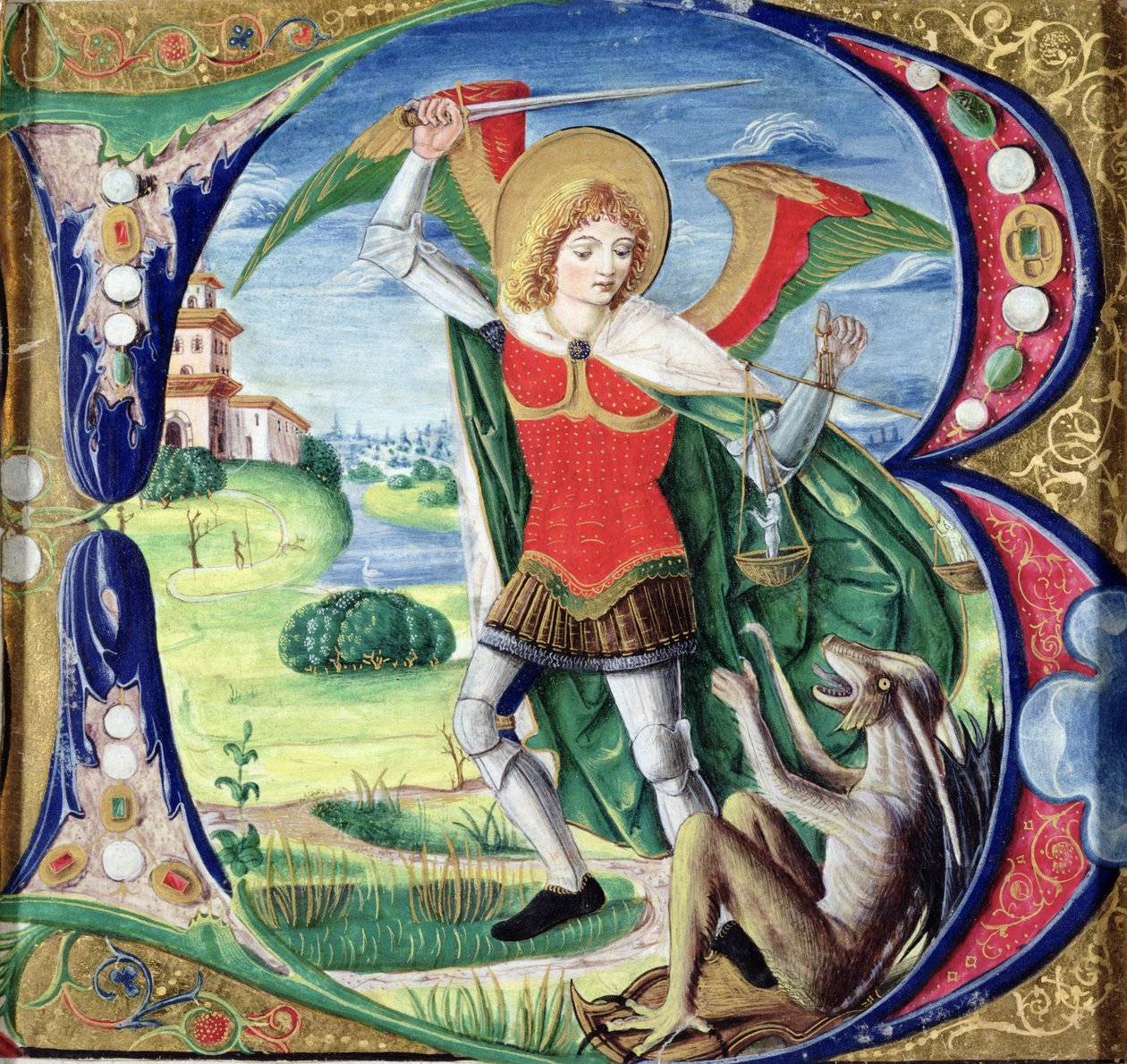 Historiated inicial &39;B&39; representando St. Michael e o Dragão, 1499-1511 de Alessandro Pampurino