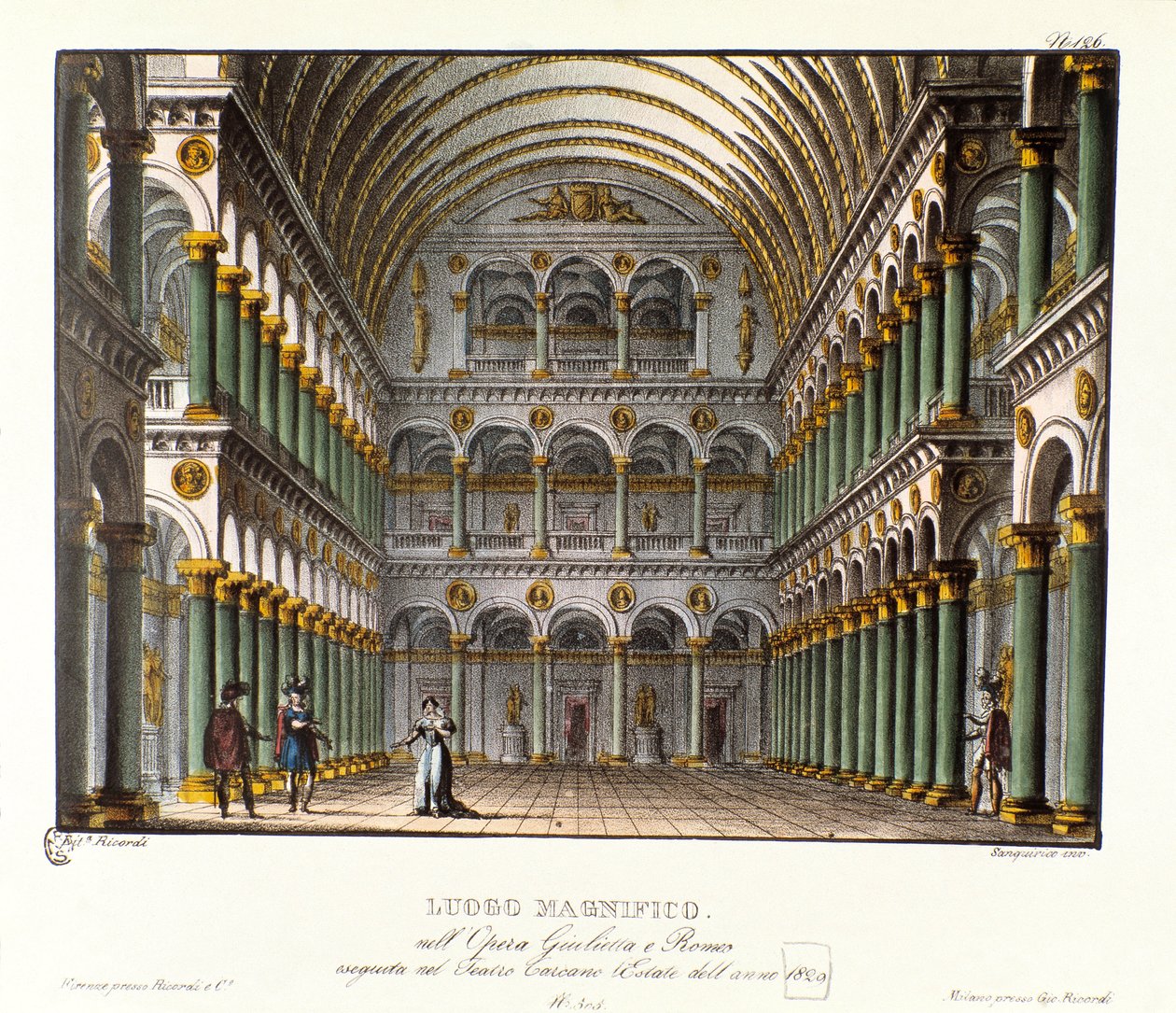 Um lugar magnífico: o salão do grande palácio abobadado Cenografia para a apresentação no Teatro Carcano em 1829 da ópera "Giulietta e Romeu" (Julieta e Romeu) (1796) de Niccolo Antonio Zingarelli depois da peça "Romeu e Julieta" de William Shakespeare. Li de Alessandro Sanquirico