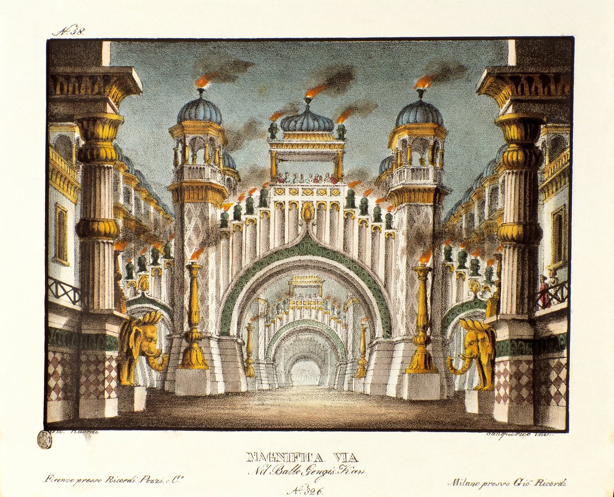 Um templo na época de Genghis Khan Cenografia para o balé "Genis-Kan" do coreógrafo italiano Giovanni Galzerani (1780-1865) (1828). Litografia em "Raccolta di invenzioni sceniche del 1830 di Alessandro Sanquirico (1777-1849)". privada milanesa de Alessandro Sanquirico
