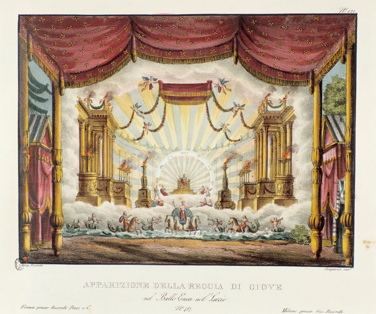 Aspecto do reino de Júpiter Cenografia para a representação da ópera "Enea nel Lazio" (1799) de Giuseppe Sarti. Litografia em "Raccolta di invenzioni sceniche del 1830 di Alessandro Sanquirico (1777-1849)". coleção particular milanesa de Alessandro Sanquirico