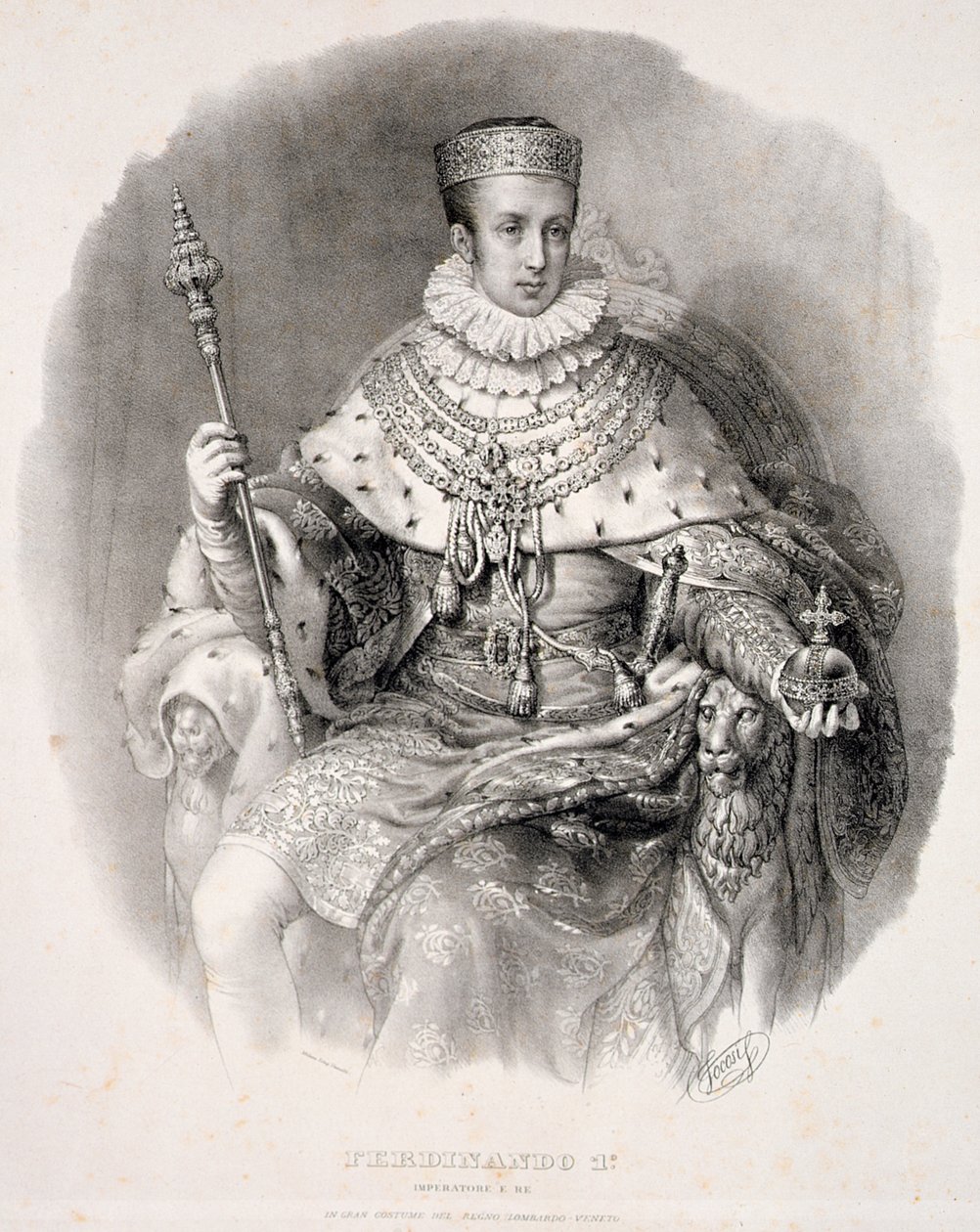 Ferdinand I (1793-1875), rei da Lombardia-Venécia, em Estado Robes, de &39;Incoronazione de SMIRA Ferdinando I, o Rei do Reino Lombardo-Veneto&39;, publicou 1838 de Alessandro Sanquirico