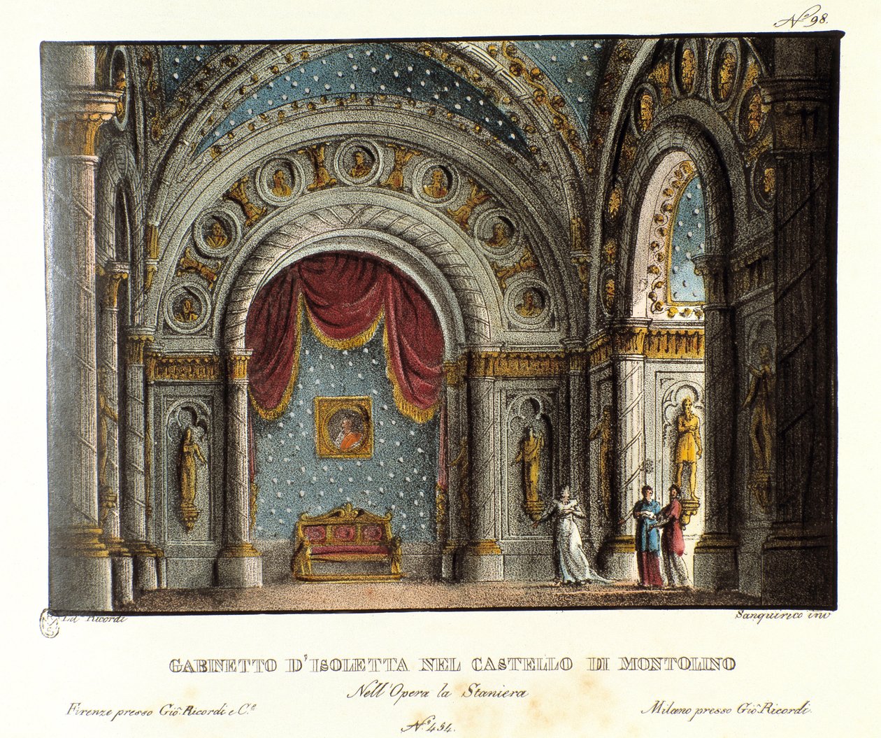 Gabinete de Isoletta no Castelo de Montolino na Bretanha Cenografia para a apresentação no Teatro alla scala em 1829 da ópera "La straniera" (1828) de Vincenzo Bellini. Litografia em "Raccolta di invenzioni sceniche del 1830" de Alessandro Sanquirico. de Alessandro Sanquirico