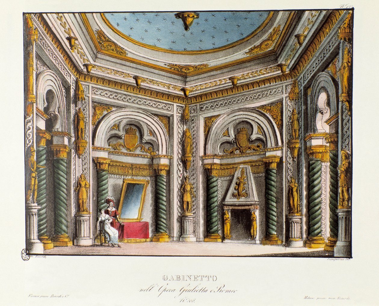 Cenografia dos apartamentos privados de Julieta para a apresentação no Teatro Carcano em 1829 da ópera "Giulietta e Romeu" (Julieta e Romeu) (1796) de Niccolo Antonio Zingarelli após a peça "Romeu e Julieta" de William Shakespeare. Litografia em "Rac de Alessandro Sanquirico