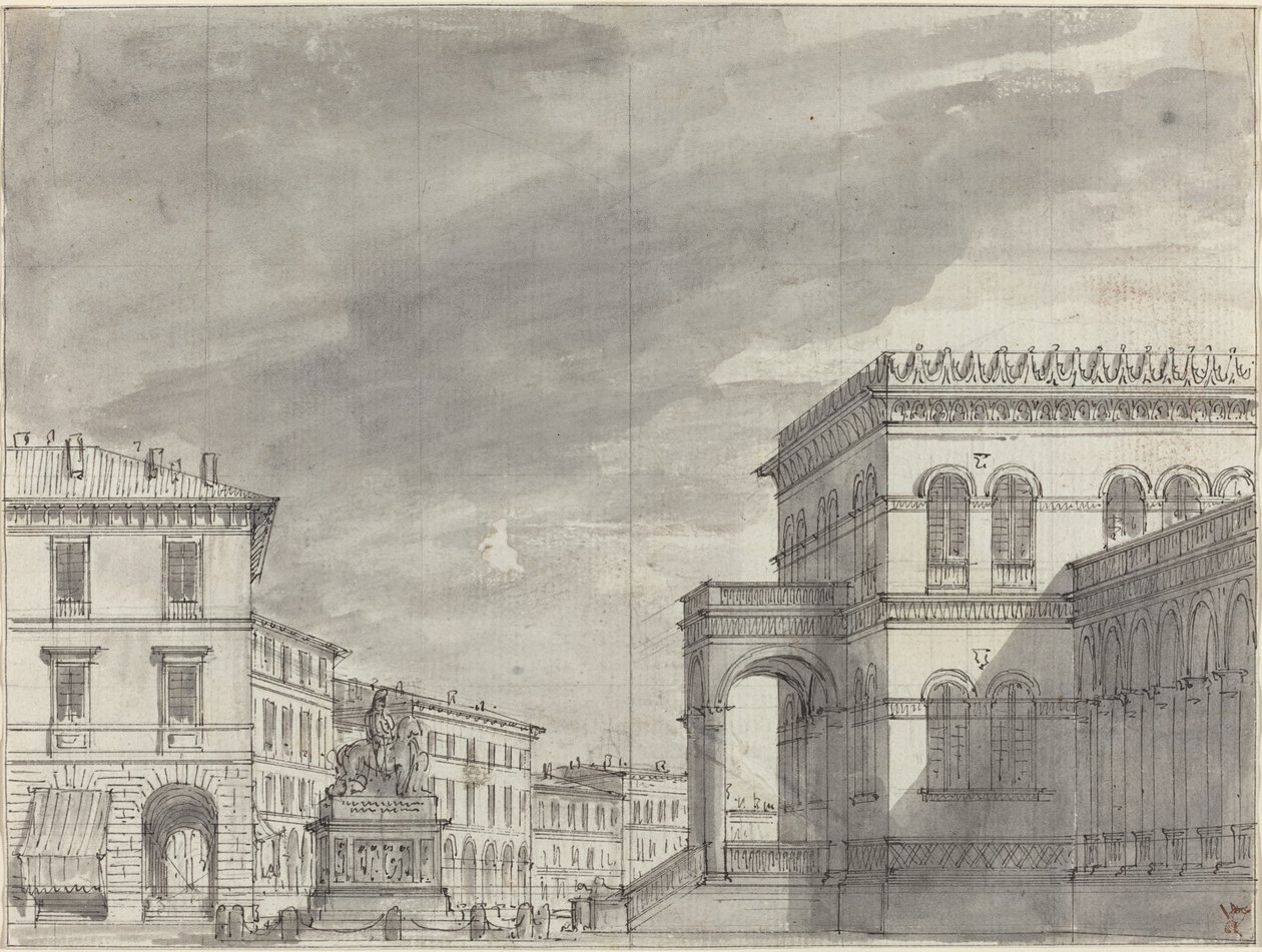 Praça com um monumento equestre e um palácio de Alessandro Sanquirico