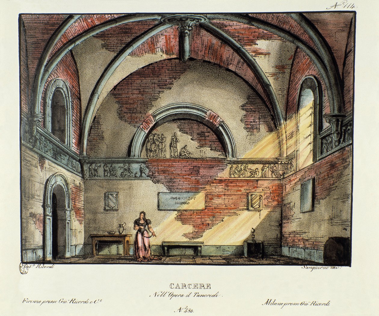 Cenografia de Células Prisionais para a representação em Milão em 1829 da ópera "Tancredi" (ou Tancrede) de Gioacchino Rossini (ou Gioachino) (1813) depois da peça "Tancrede" de Voltaire. Litografia em "Raccolta di invenzioni sceniche del 1830 di Alessandr de Alessandro Sanquirico