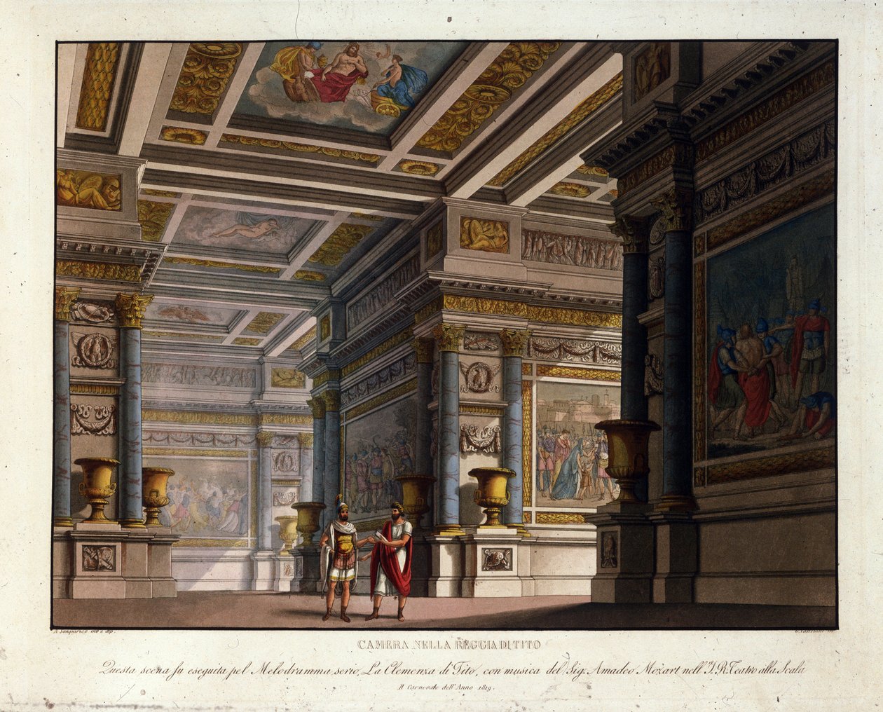 Cenografia de Alessandro Sanquirico (1777-1849) para "La Clemence de Tito" de Wolfgang Amadeus Mozart (1756-1791) sobe para La Scala em Milão em 1819 e representa a sala no Palácio Real de Tito de Alessandro Sanquirico