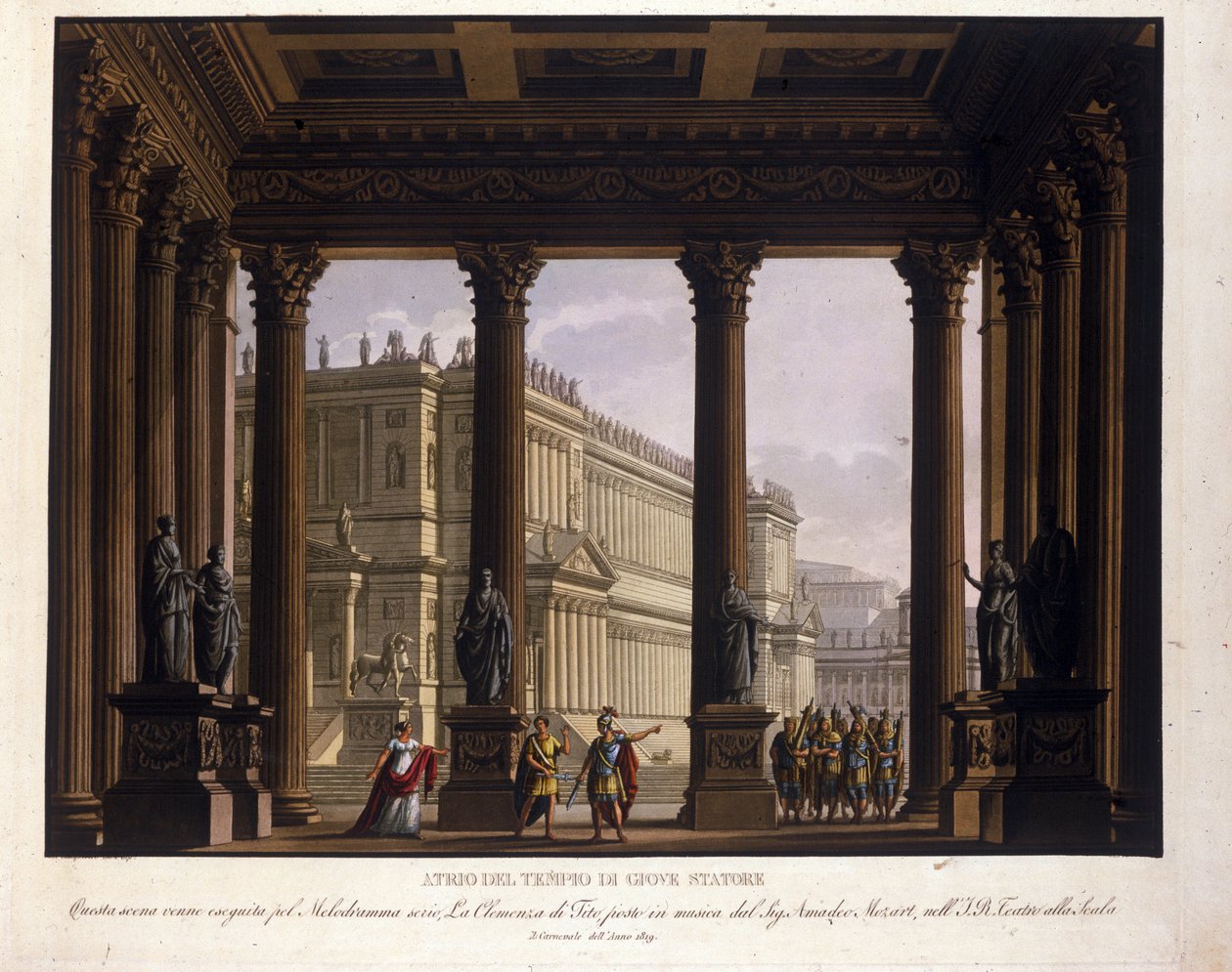 Cenografia de Alessandro Sanquirico (1777-1849) para "A Clemência do Tito" de Wolfgang Amadeus Mozart (1756-1791) sobe para La Scala em Milão em 1819 e representa o átrio do Templo da Estátua do Estator de Júpiter: O Sextus está parado; para preservar Vite de Alessandro Sanquirico