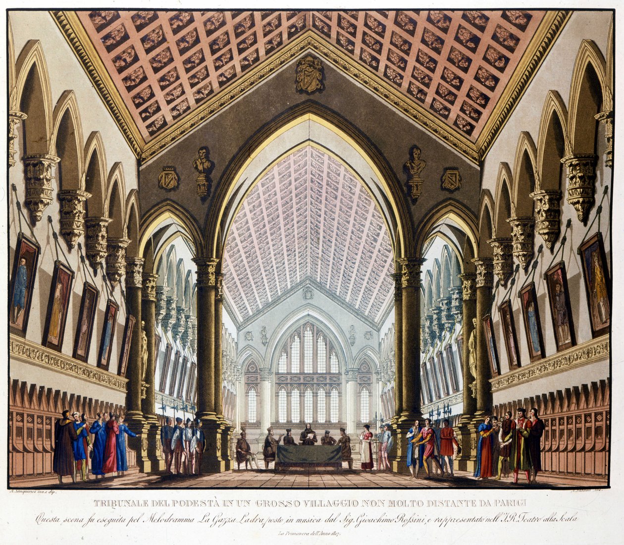 Cenografia de Sanquirico para a ópera "La gazza ladra" de Gioacchino Rossini representada no Teatro alla Scala em Milão em 1817: o Tribunal du Podestat perto de Paris. de Alessandro Sanquirico
