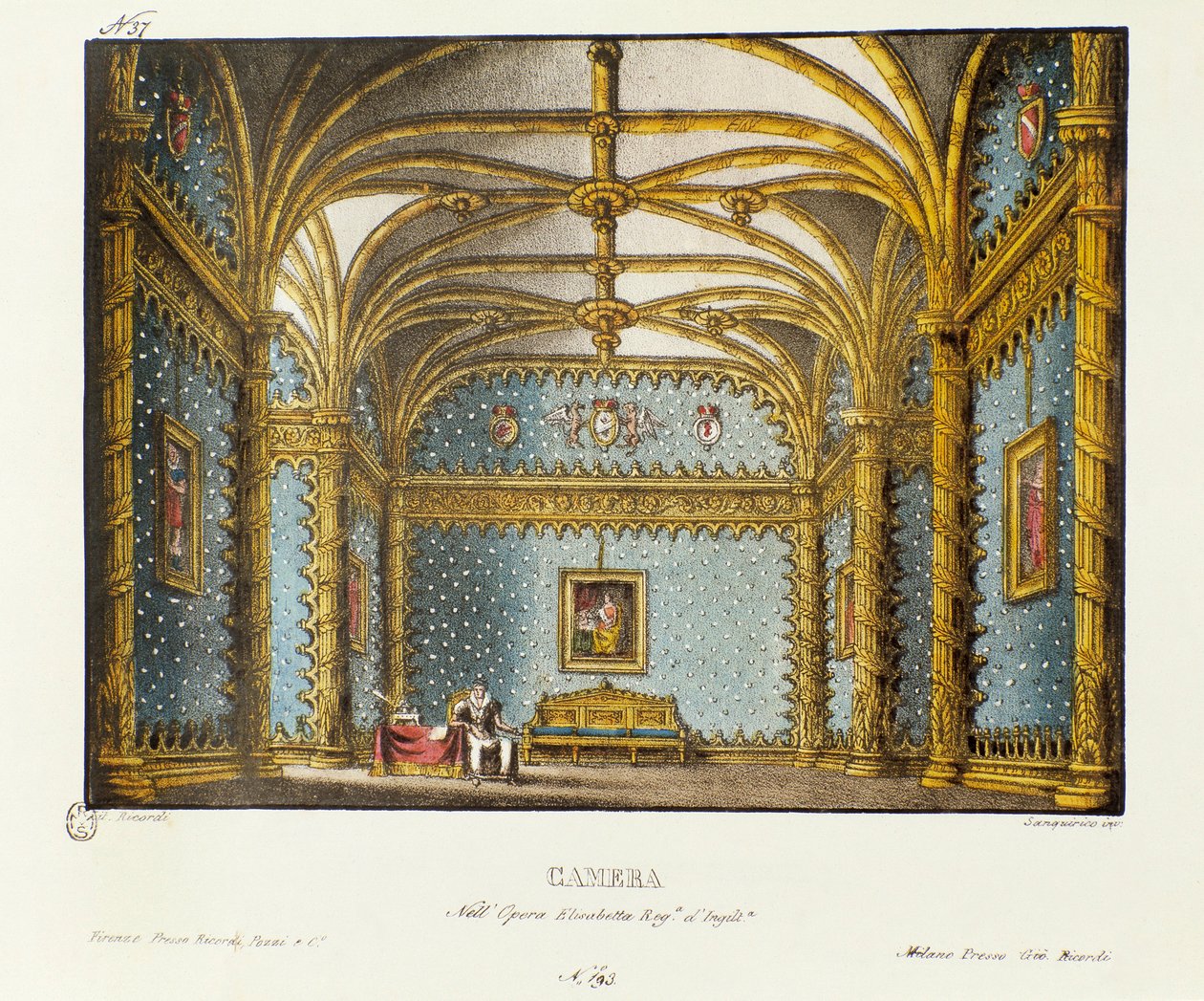 O quarto do Cenário do Palácio Real para a apresentação da ópera "Elisabetta, Regina d