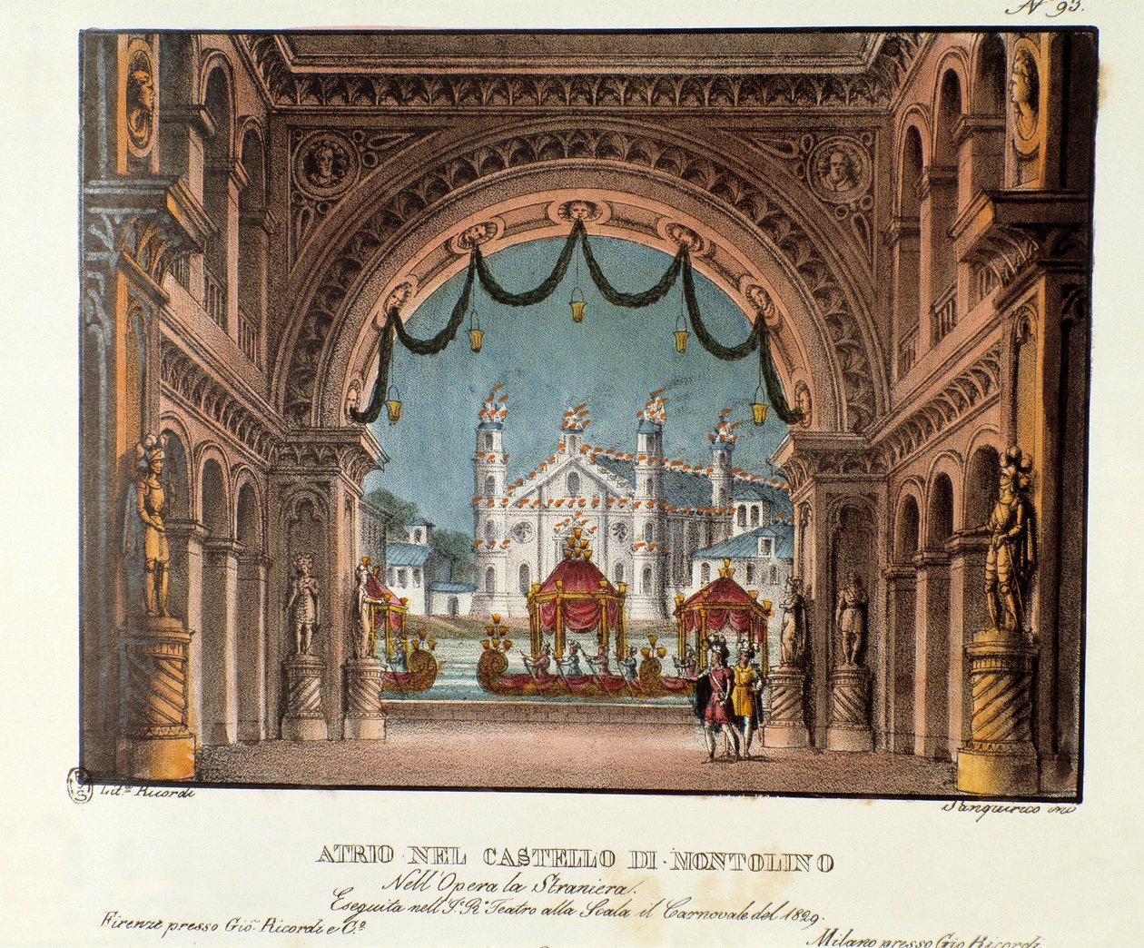 O vestíbulo do castelo de Montolino na Bretanha Cenografia para a apresentação no Teatro alla scala em 1829 da ópera "La straniera" (1828) de Vincenzo Bellini. Litografia na "Coleção de invenções cênicas de 1830 de Alessandro Sanquiri". de Alessandro Sanquirico