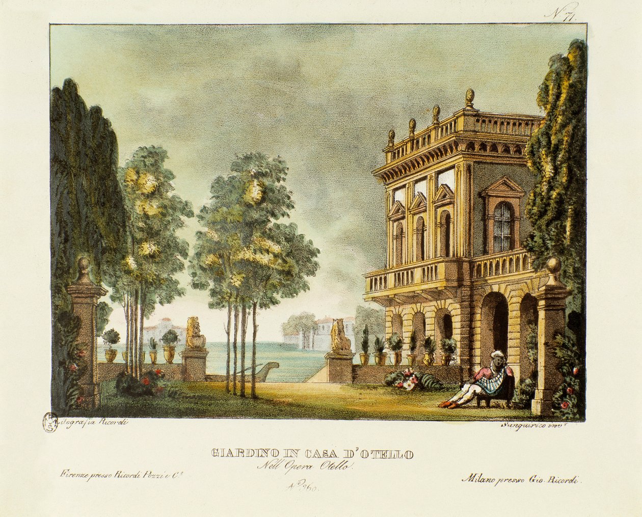Vista do jardim e da casa de Otello Cenário da ópera "Otello" de Gioacchino Rossini (ou Gioachino) (1816) depois da peça de William Shakespeare "Otelo ou o Mouro de Veneza"). Litografia em "Raccolta di invenzioni sceniche del 1830 di Alessand". de Alessandro Sanquirico
