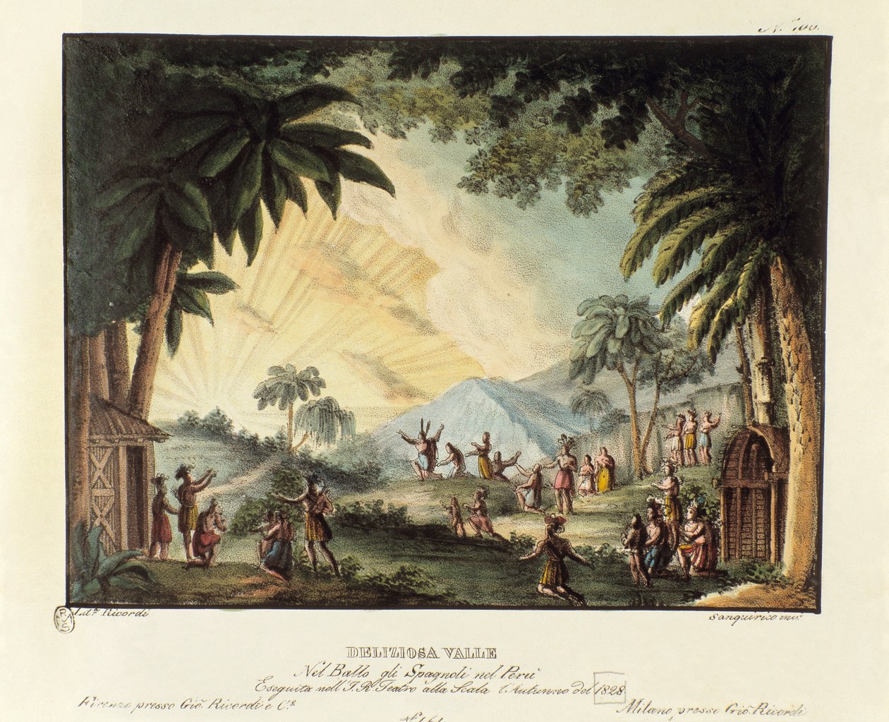 Vista de um delicioso vale na época da conquista do Novo Mundo pela cenografia espanhola para o ballet "Gli spagnoli nel Peru" do coreógrafo italiano Giovanni Galzerani (1780-1865) (1828). Litografia em "Raccolta di invenzioni sceniche d de Alessandro Sanquirico