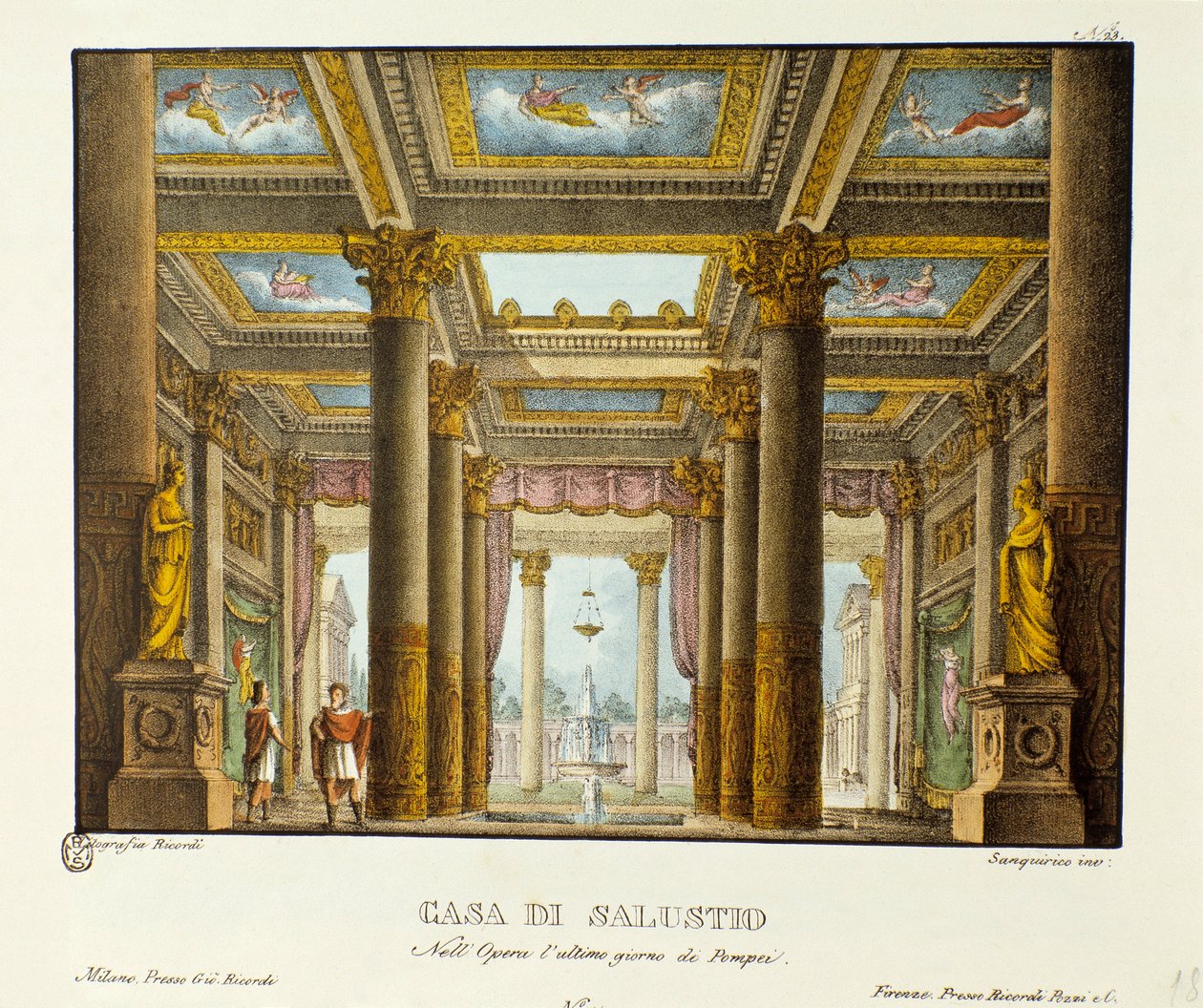 Vista da Casa de Salustio (Saluste) Cenografia para a representação de Giovanni Pacini "O último dia de Pompéia". Litografia em "Raccolta di invenzioni sceniche del 1830 di Alessandro Sanquirico (1777-1849)". Milão de Alessandro Sanquirico