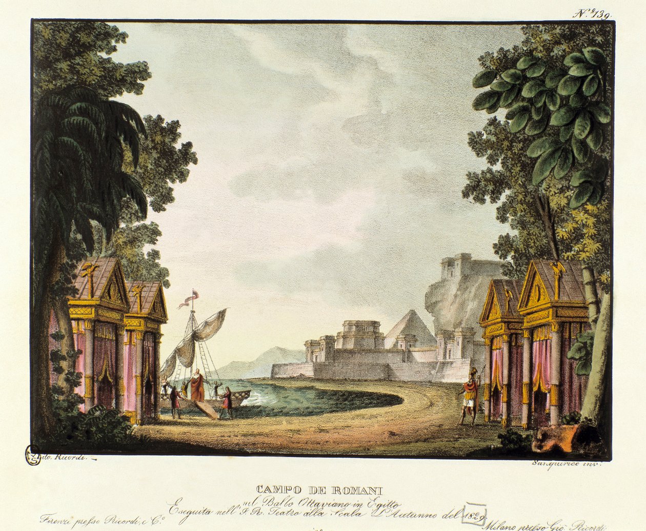 Vista do cenário do campo romano para o ballet "Ottaviano in Egitto" do coreógrafo italiano Giovanni Galzerani (1780-1865) (1828). Litografia em "Raccolta di invenzioni sceniche del 1830 di Alessandro Sanquirico (1777-1849)". coleção particular milanesa de Alessandro Sanquirico