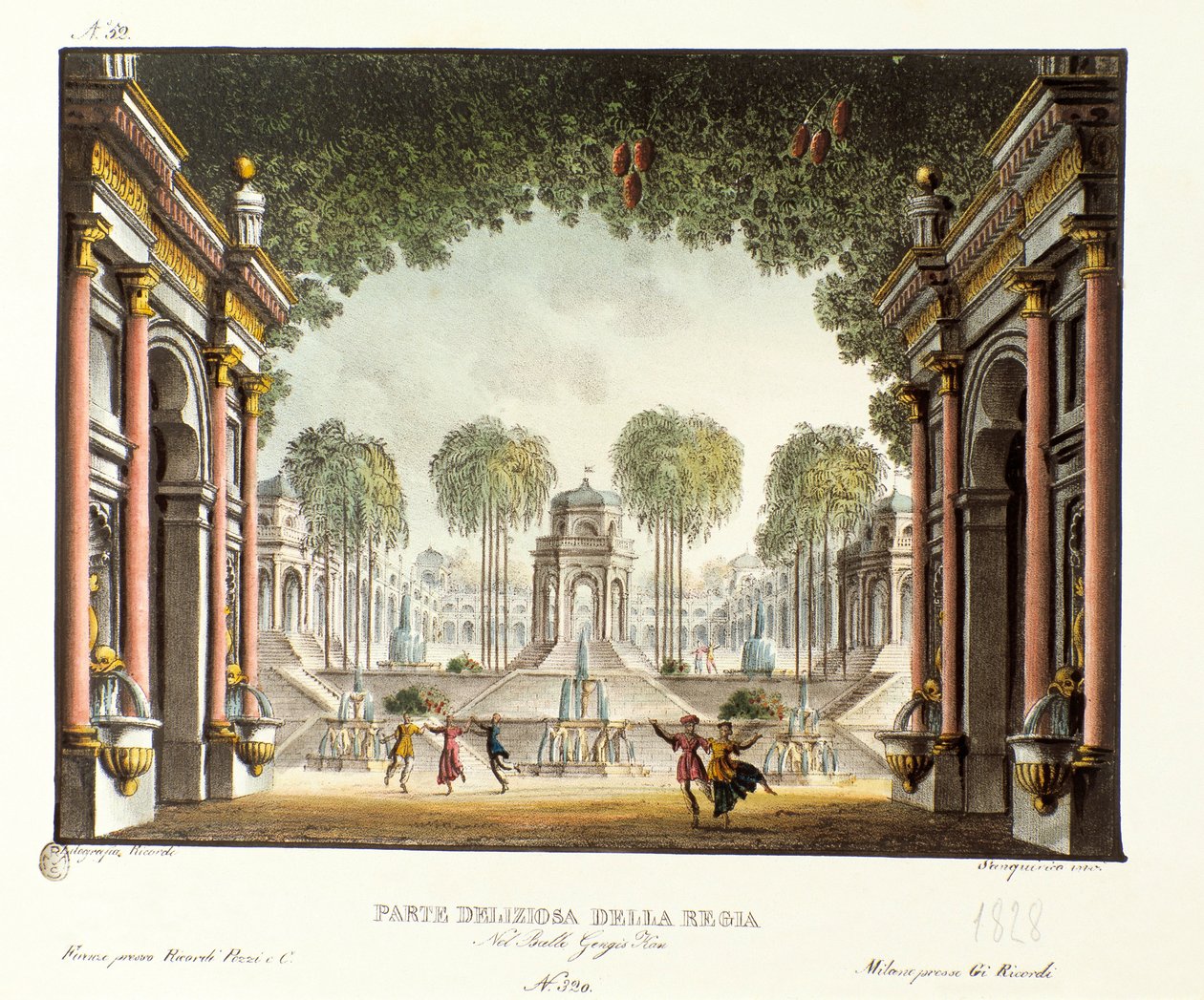 Vista da Corte Real do Palácio de Genghis Khan Cenografia para o balé "Genis-Kan" do coreógrafo italiano Giovanni Galzerani (1780-1865) (1828). Litografia em "Raccolta di invenzioni sceniche del 1830 di Alessandro Sanquirico (1777-1849)". de Alessandro Sanquirico