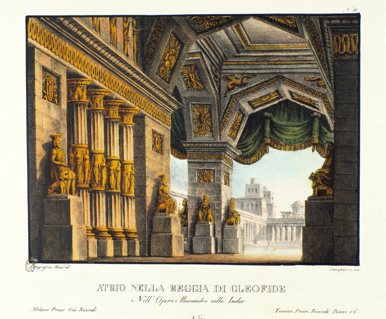 Vista da entrada do Palácio Real de Cleófis (Cleofide), amante do rei Poros derrotada por Alexandre o Grande Cenário para a representação da "ópera "Alessandro Nell