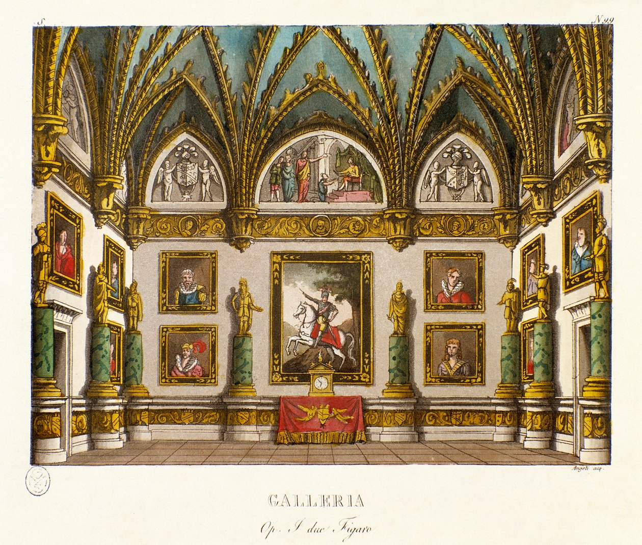 Vista da decoração da galeria de quadros Cenografia da ópera "I due figaro" do compositor italiano Giuseppe Saverio Raffaele Mercadante (1795-1870), após a peça "Os dois figaros ou o sujeito de comédia" (1794) de Honore François Richaud de Alessandro Sanquirico