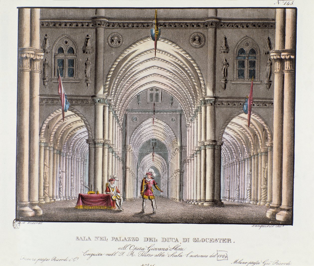 Vista do salão do palácio do Duque de Gloucester Cenografia para a representação da ópera "Giovanna Shore" (Jeanne Shore) de Carlo Ponti (1829). Litografia em "Raccolta di invenzioni sceniche del 1830 di Alessandro Sanquirico (1777-1849)". de Alessandro Sanquirico