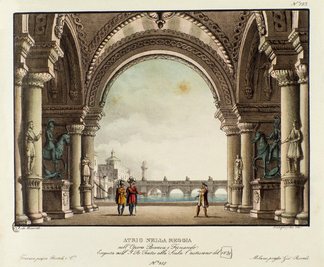 Vista do salão do palácio real Cenografia para a representação em 1829 da ópera "Bianca e Fernando" de Vincenzo Bellini (1826). Litografia em "Raccolta di invenzioni sceniche del 1830 di Alessandro Sanquirico (1777-1849)". particular milanês de Alessandro Sanquirico