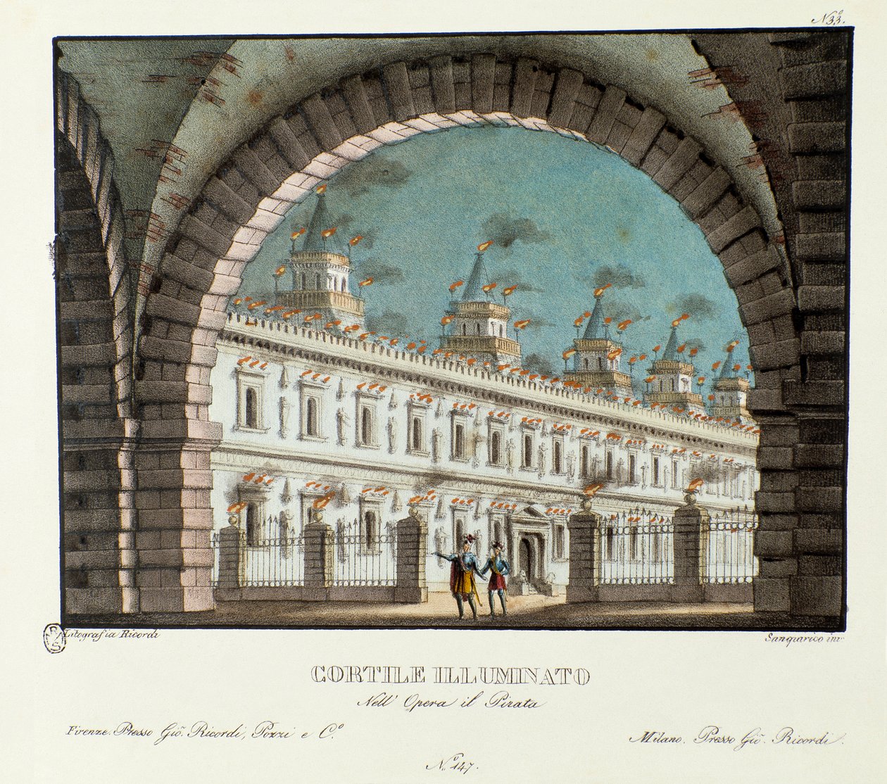 Vista do grande pátio iluminado Cenografia para a representação da ópera Il pirata (O Pirata) (1827) de Vincenzo Bellini. Litografia em "Raccolta di invenzioni sceniche del 1830 di Alessandro Sanquirico (1777-1849)". coleção particular milanesa de Alessandro Sanquirico