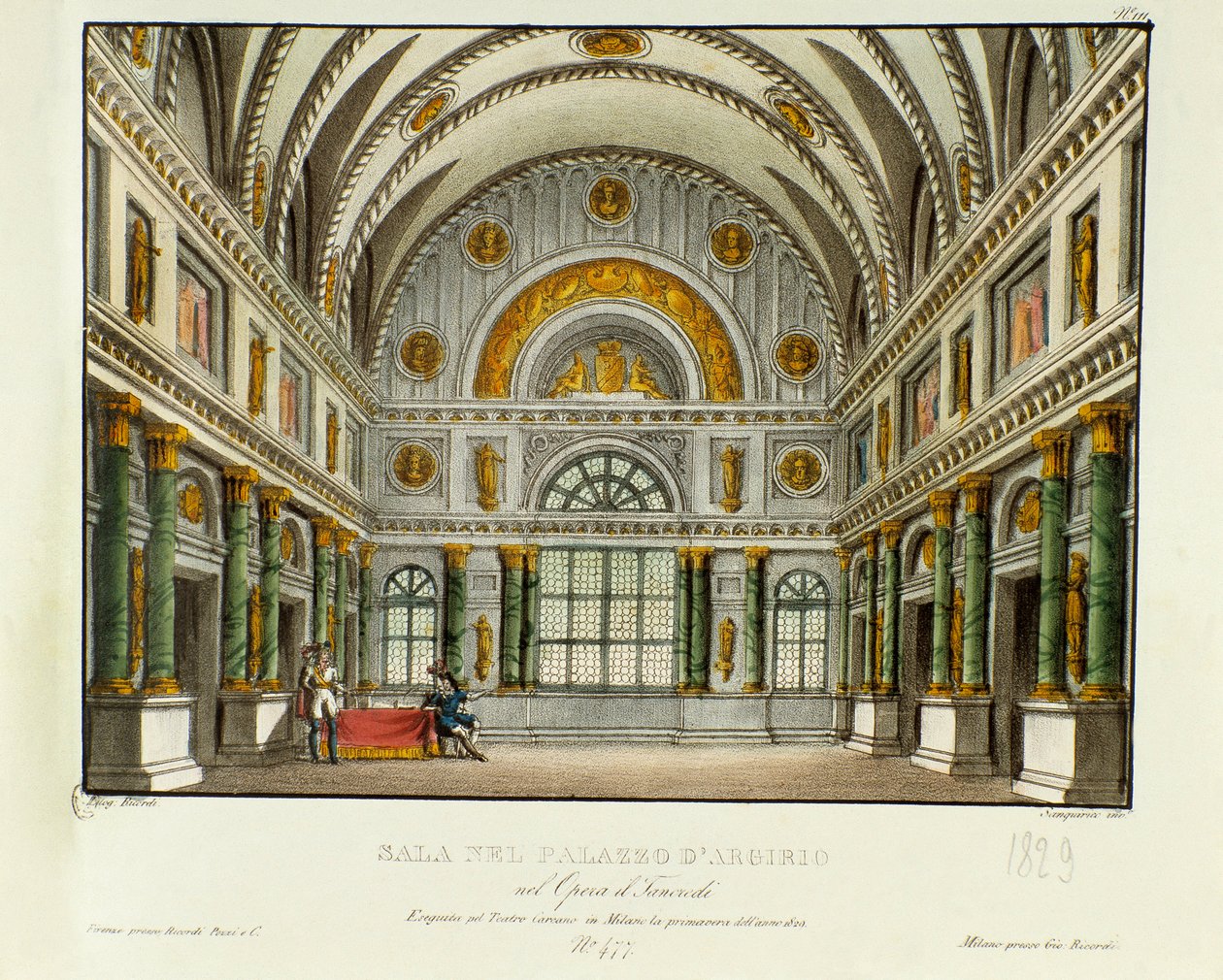 Vista do palácio do rei de Siracusa Argirio Cenário para a representação em Milão em 1829 da ópera "Tancredi" (ou Tancrede) de Gioacchino Rossini (ou Gioachino) (1813) depois da peça "Tancrede" de Voltaire. Litografia em "Raccolta di invenzion de Alessandro Sanquirico