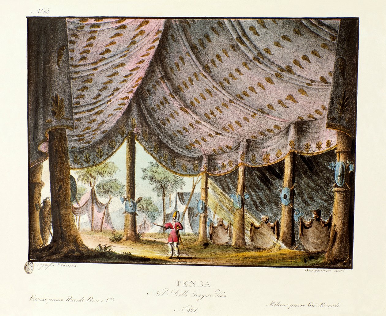 Vista da tenda real de Genghis Khan Cenografia para o ballet "Genis-Kan" do coreógrafo italiano Giovanni Galzerani (1780-1865) (1828). Litografia em "Raccolta di invenzioni sceniche del 1830 di Alessandro Sanquirico (1777-1849)". particular milanês de Alessandro Sanquirico