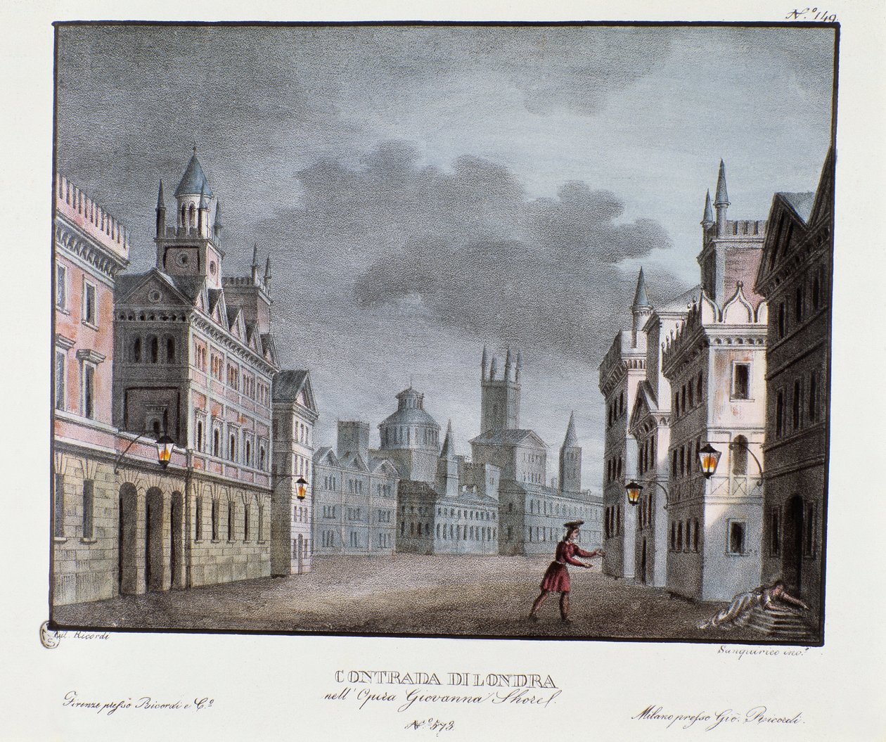 Vista dos subúrbios de Londres Cenografia para a representação da ópera "Giovanna Shore" (Jeanne Shore) de Carlo Ponti (1829). Litografia em "Raccolta di invenzioni sceniche del 1830 di Alessandro Sanquirico (1777-1849)". Coleção privada milanesa de Alessandro Sanquirico